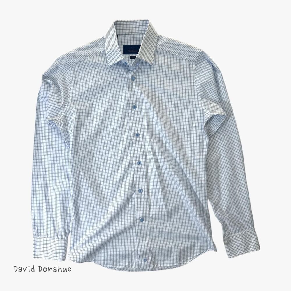 David Donahue Men's Slim Fit Button Up Dress Shirt in Blue Grid Size 15 (34/35)